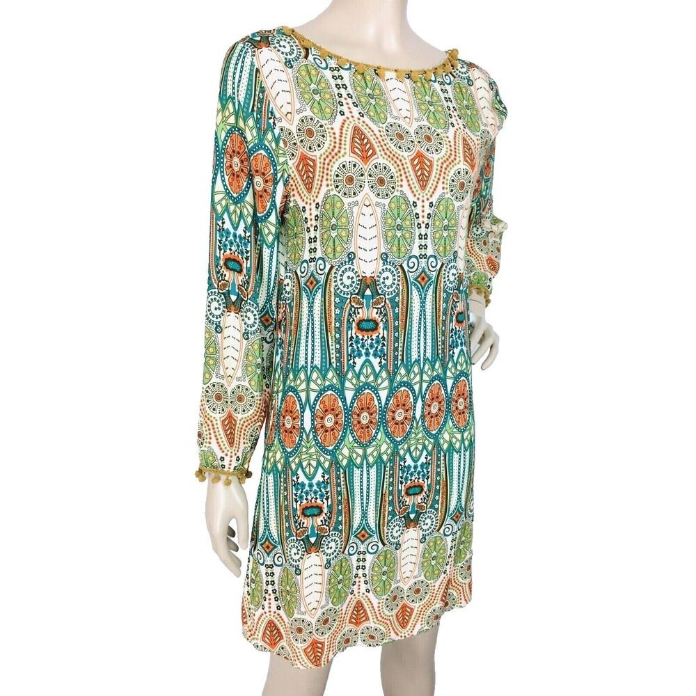 Pom-Pom Fringe Trim Retro Art Deco V-Back Boho Tunic Dress Size Small